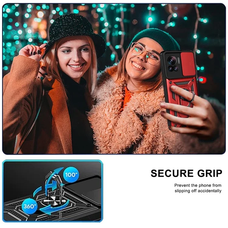 PC + TPU Phone Cover For Motorola Moto X30 Pro 5G / Edge 30 Ultra 5G Ring Kickstand Anti-fall Phone Case with Slide Camera Lid - Black-Cellmalls