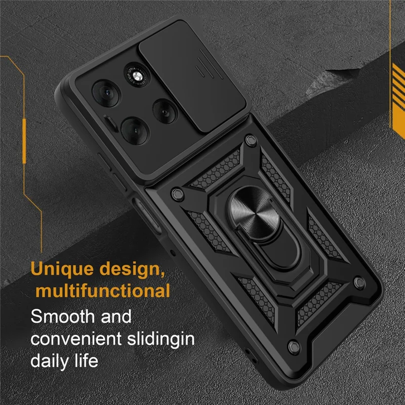 For Motorola Moto G56 5G Case with Slide Camera Lid PC + TPU Kickstand Phone Cover - Black-Cellmalls