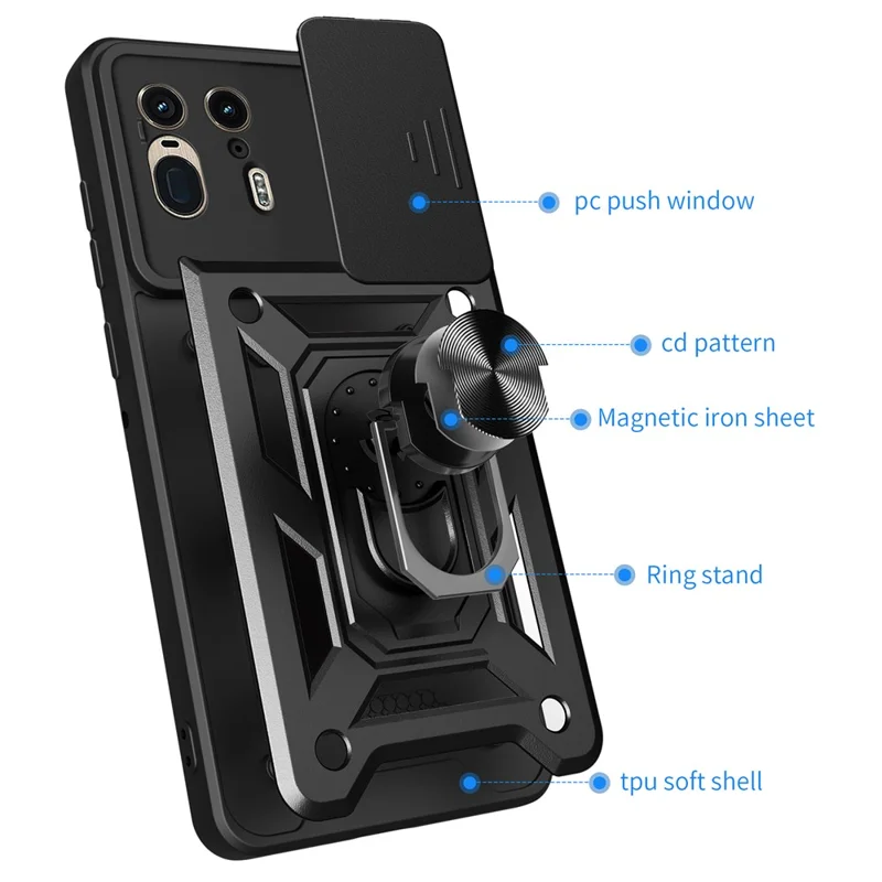 For Motorola Moto X50 Ultra 5G  /  Edge 50 Ultra 5G Case with Slide Camera Lid PC+TPU Kickstand Phone Cover - Black-Cellmalls