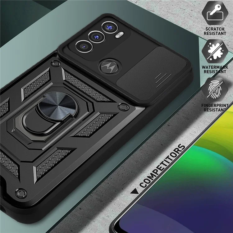 Camera Slide Protector PC + TPU Phone Back Cover Shell with Ring Holder Kickstand for Motorola Moto G60 - Black-Cellmalls