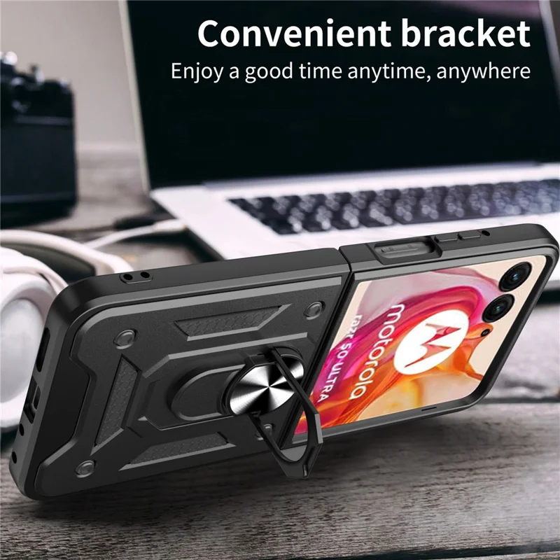 For Motorola Razr 50 Ultra 5G Kickstand Case PC+TPU Phone Shell with Slide Camera Lid - Black-Cellmalls
