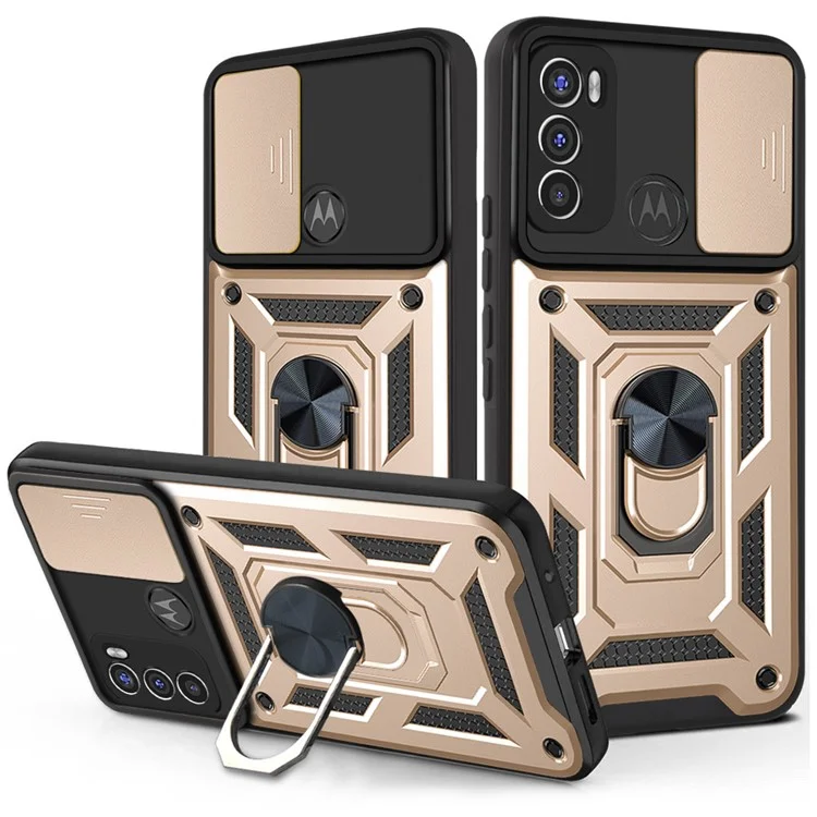 Camera Slide Protector PC + TPU Phone Back Cover Shell with Ring Holder Kickstand for Motorola Moto G60 - Black-Cellmalls