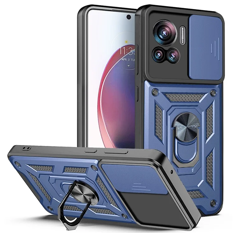 PC + TPU Phone Cover For Motorola Moto X30 Pro 5G / Edge 30 Ultra 5G Ring Kickstand Anti-fall Phone Case with Slide Camera Lid - Black-Cellmalls