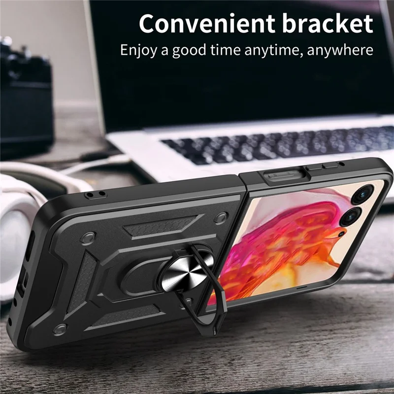 For Motorola Razr 60 / Razr 50 5G Case with Slide Camera Lid PC+TPU Kickstand Phone Cover - Black-Cellmalls