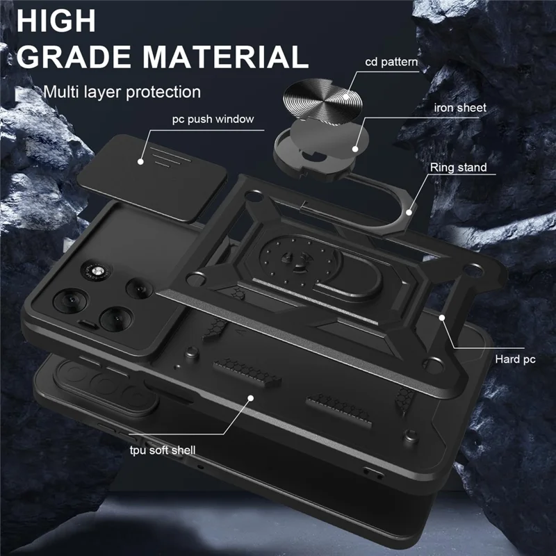 For Motorola Moto G56 5G Case with Slide Camera Lid PC + TPU Kickstand Phone Cover - Black-Cellmalls