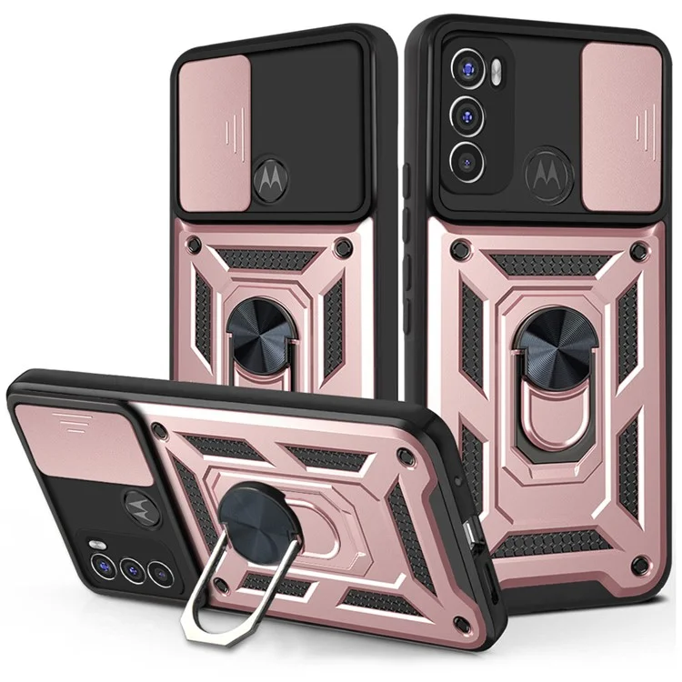 Camera Slide Protector PC + TPU Phone Back Cover Shell with Ring Holder Kickstand for Motorola Moto G60 - Black-Cellmalls