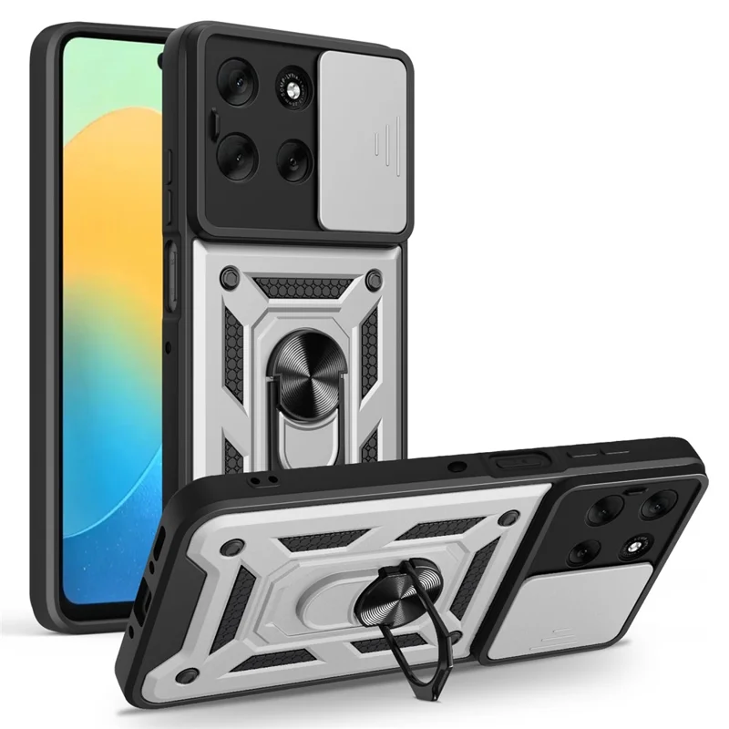 For Motorola Moto G56 5G Case with Slide Camera Lid PC + TPU Kickstand Phone Cover - Black-Cellmalls