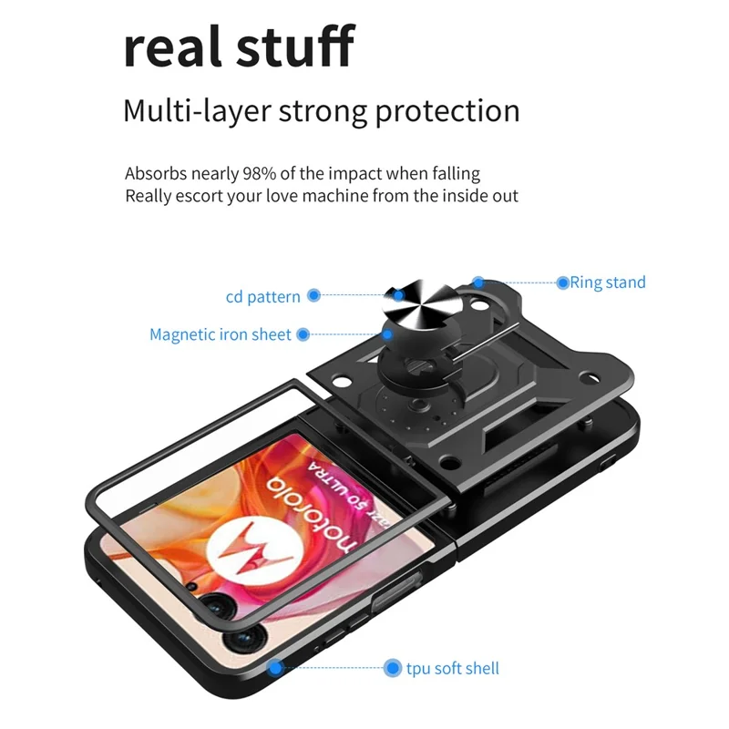 For Motorola Razr 50 Ultra 5G Kickstand Case PC+TPU Phone Shell with Slide Camera Lid - Black-Cellmalls