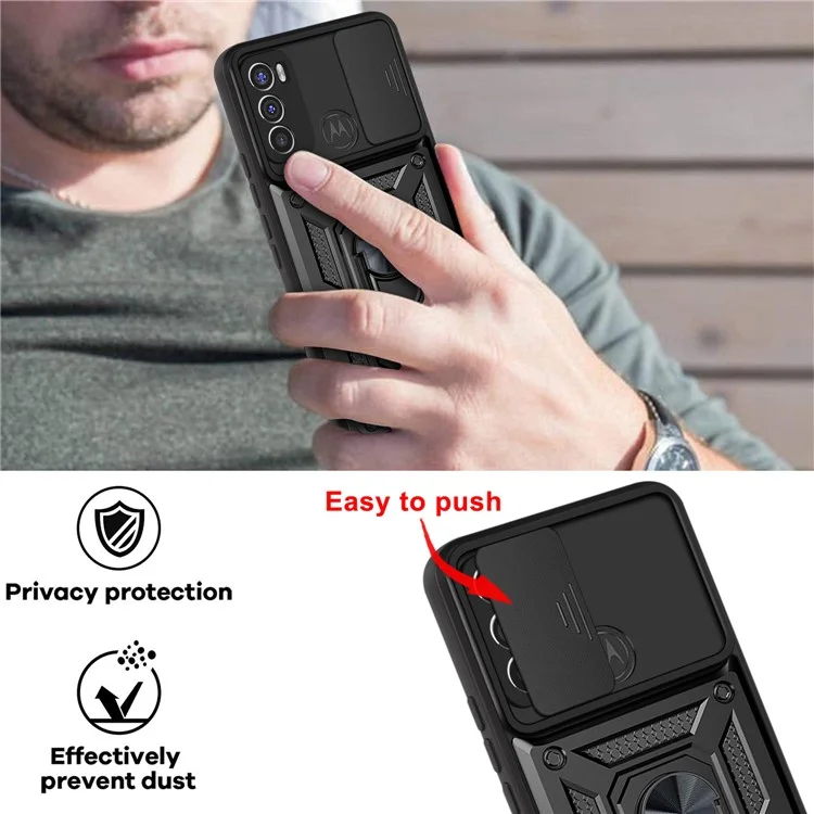 Camera Slide Protector PC + TPU Phone Back Cover Shell with Ring Holder Kickstand for Motorola Moto G60 - Black-Cellmalls