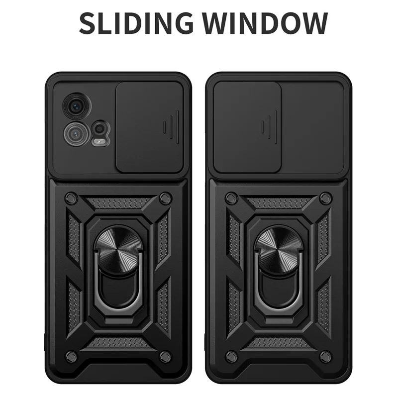 For Motorola Moto G72 4G Kickstand PC+TPU Phone Case Slide Push Pull Camera Lens Protection Cover - Black-Cellmalls