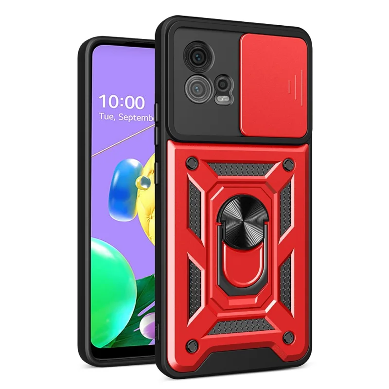 For Motorola Moto G72 4G Kickstand PC+TPU Phone Case Slide Push Pull Camera Lens Protection Cover - Black-Cellmalls