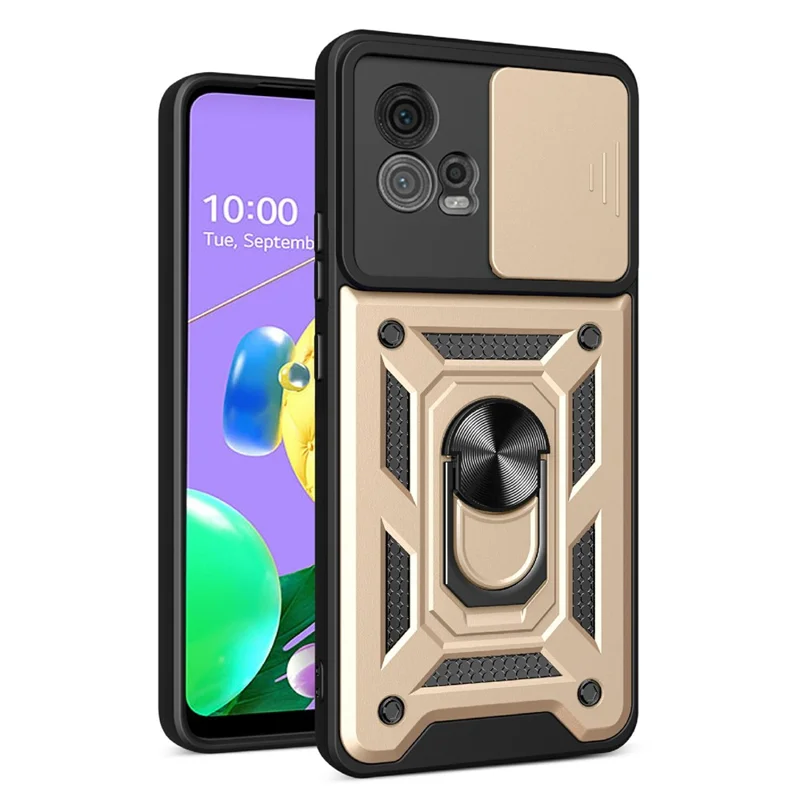 For Motorola Moto G72 4G Kickstand PC+TPU Phone Case Slide Push Pull Camera Lens Protection Cover - Black-Cellmalls
