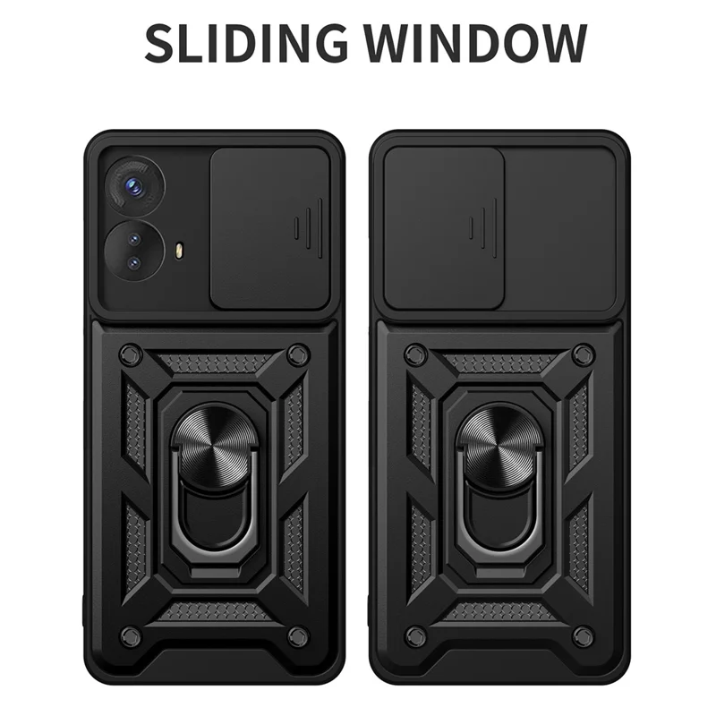 For Motorola Moto G73 5G Slide Push Pull Camera Lens Protection Cover Kickstand PC+TPU Phone Case Protector - Black-Cellmalls