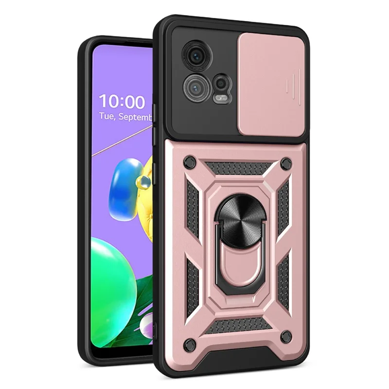 For Motorola Moto G72 4G Kickstand PC+TPU Phone Case Slide Push Pull Camera Lens Protection Cover - Black-Cellmalls