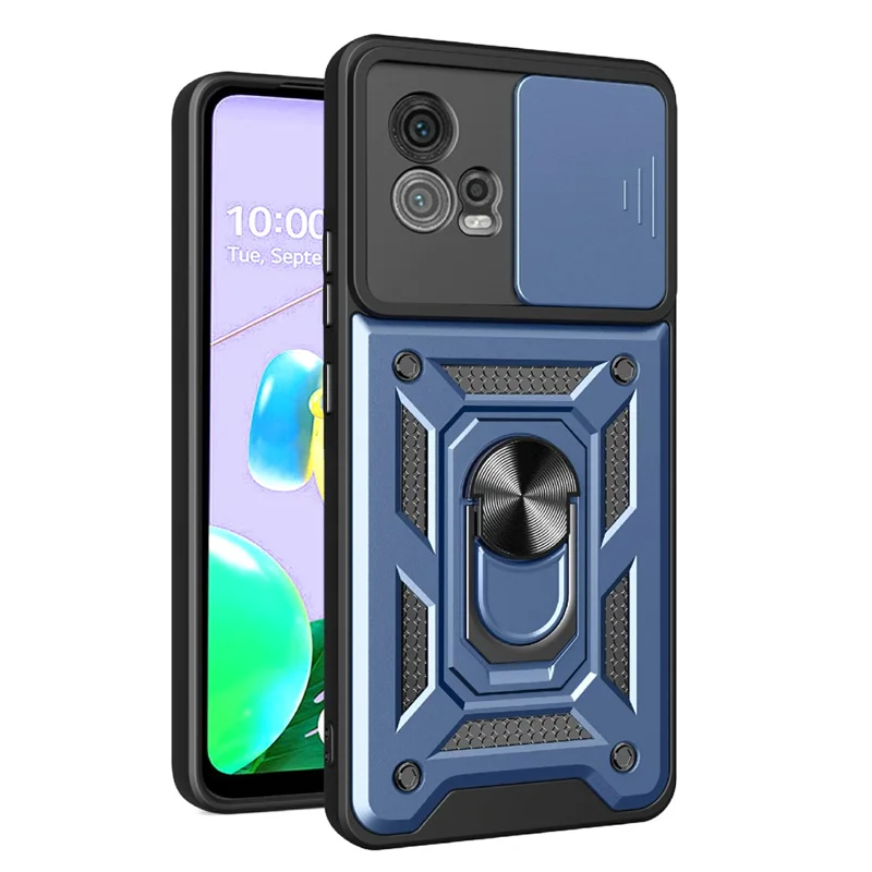 For Motorola Moto G72 4G Kickstand PC+TPU Phone Case Slide Push Pull Camera Lens Protection Cover - Black-Cellmalls