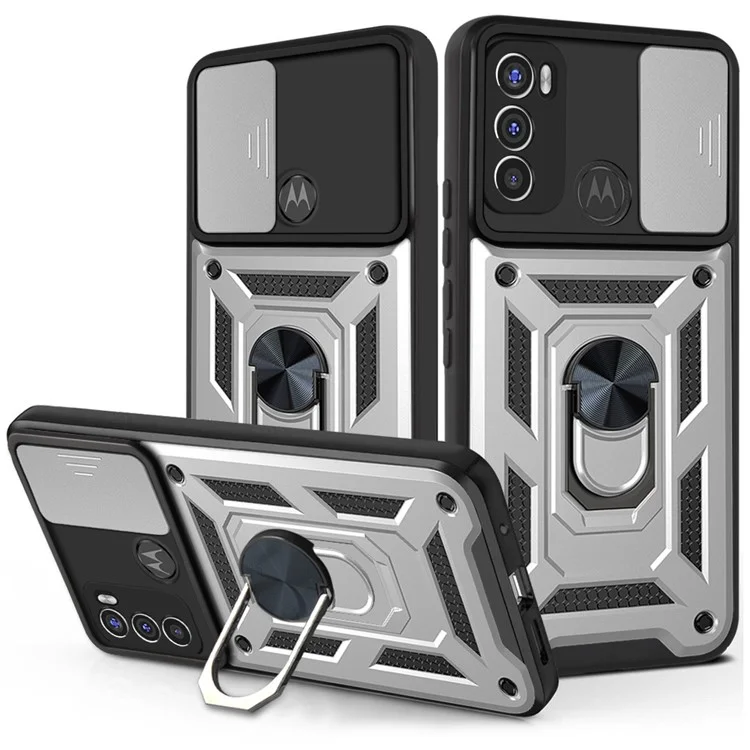 Camera Slide Protector PC + TPU Phone Back Cover Shell with Ring Holder Kickstand for Motorola Moto G60 - Black-Cellmalls