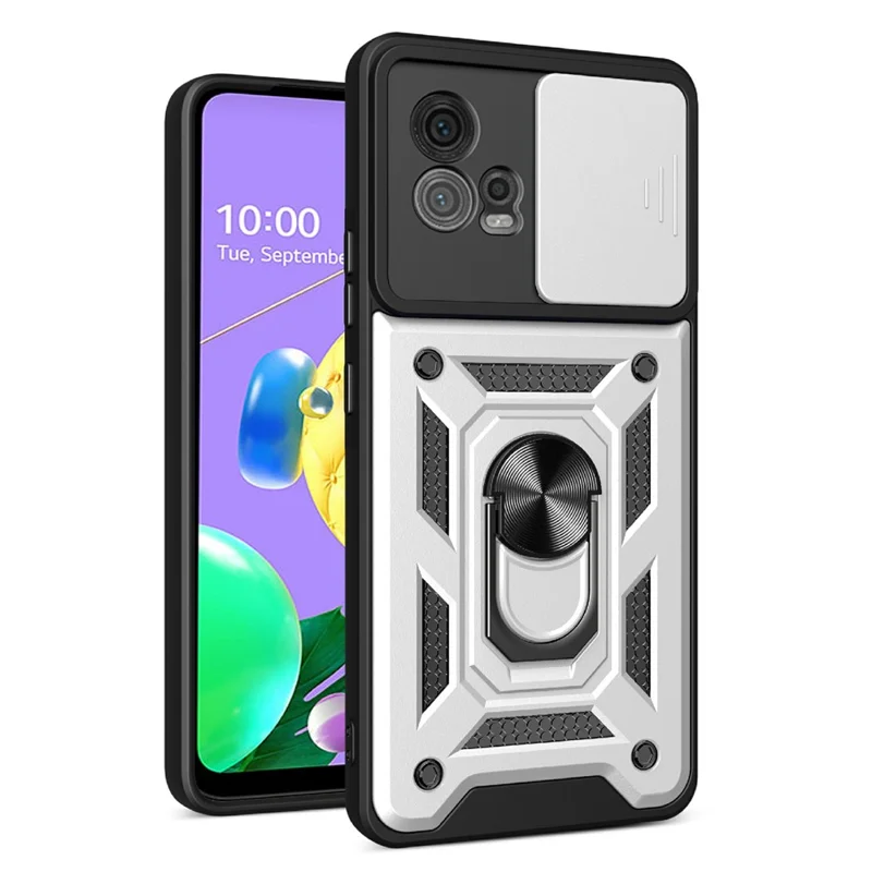 For Motorola Moto G72 4G Kickstand PC+TPU Phone Case Slide Push Pull Camera Lens Protection Cover - Black-Cellmalls