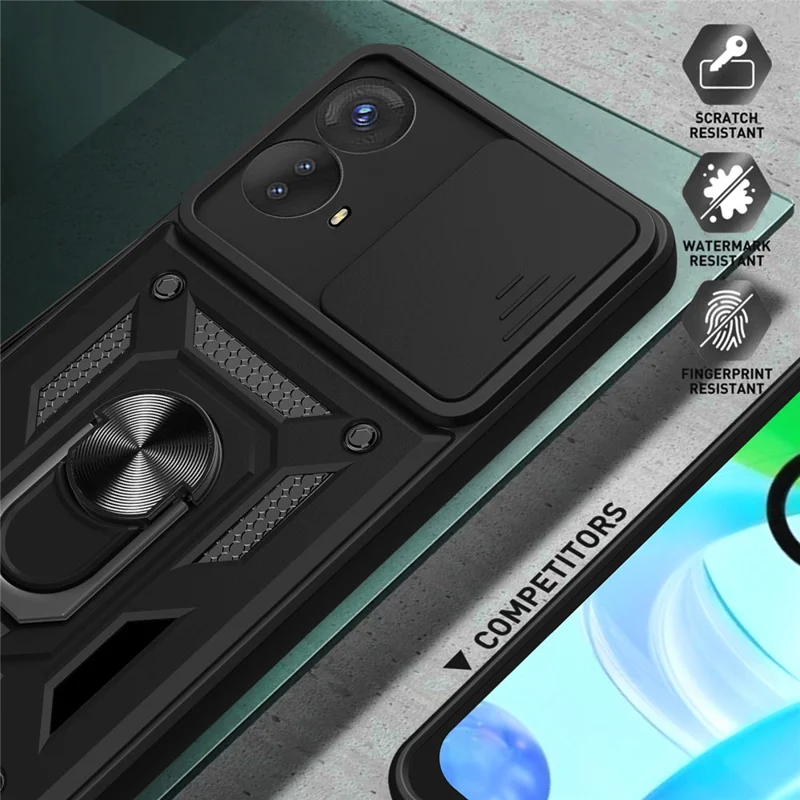 For Motorola Moto G73 5G Slide Push Pull Camera Lens Protection Cover Kickstand PC+TPU Phone Case Protector - Black-Cellmalls