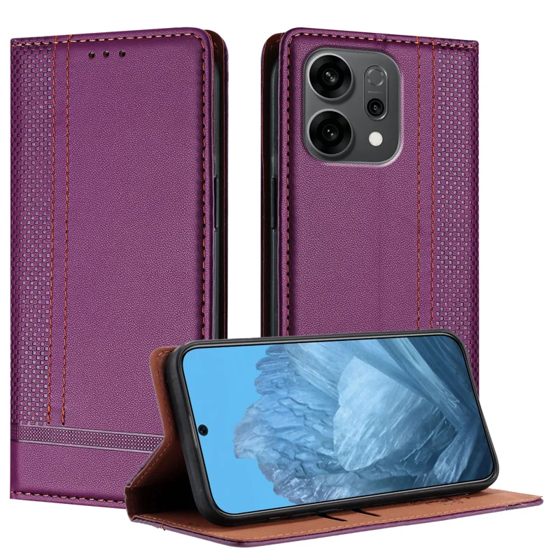 For Oppo Reno14 5G (China) / Oppo Reno14 5G (Global) Case L-Shaped Grid Pattern Leather Stand Phone Cover with Card Slots - Blue-Cellmalls