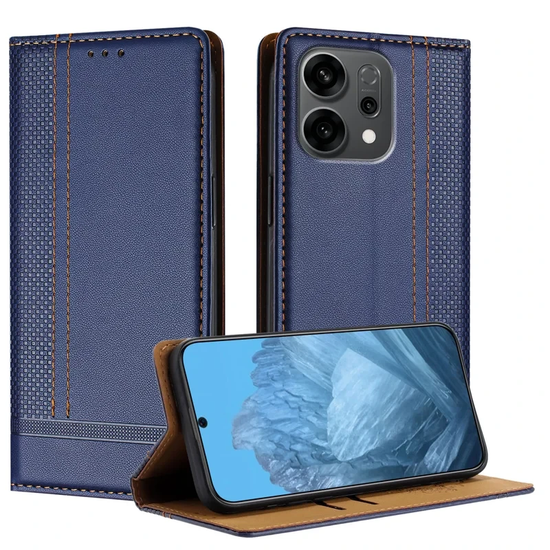 For Oppo Reno14 5G (China) / Oppo Reno14 5G (Global) Case L-Shaped Grid Pattern Leather Stand Phone Cover with Card Slots - Blue-Cellmalls