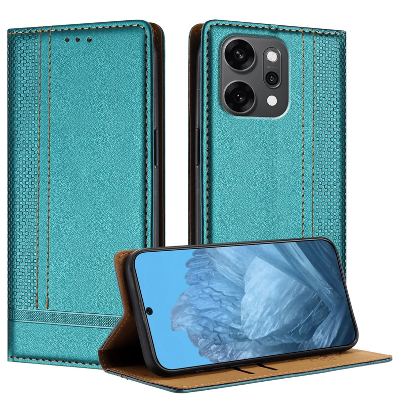 For Oppo Reno14 Pro 5G (China) / Oppo Reno14 Pro 5G (Global) Case L-Shaped Grid Pattern Leather Stand Phone Cover with Card Slots - Blue-Cellmalls