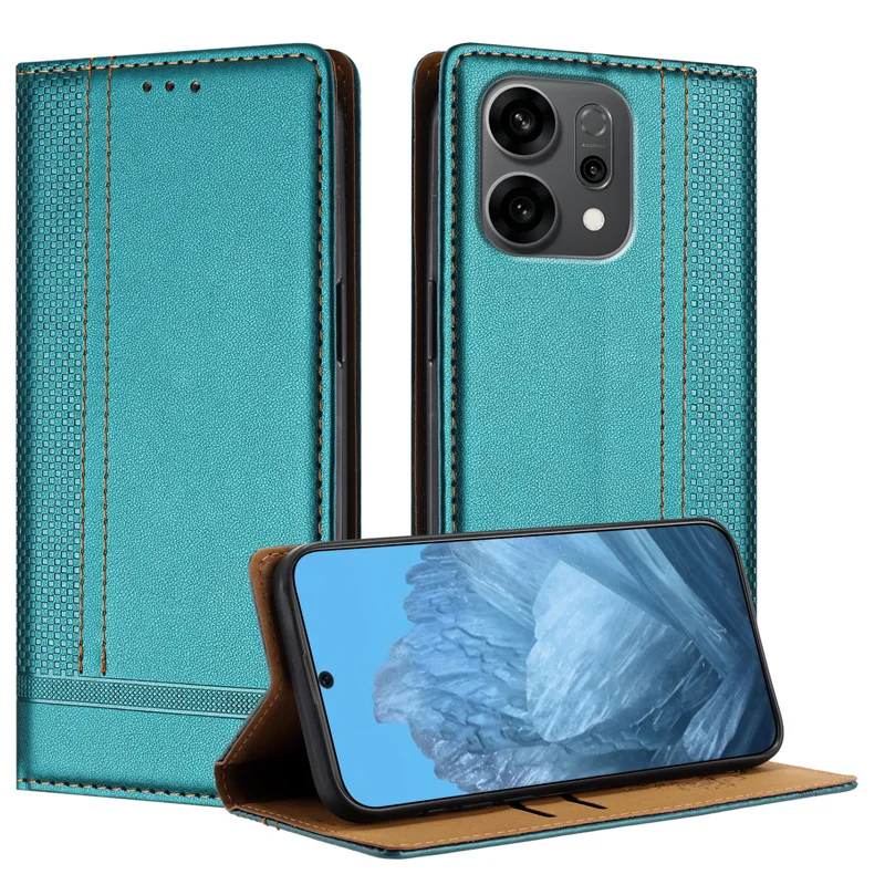 For Oppo Reno14 F 5G Case L-Shaped Grid Pattern Leather Stand Phone Cover with Card Slots - Blue-Cellmalls