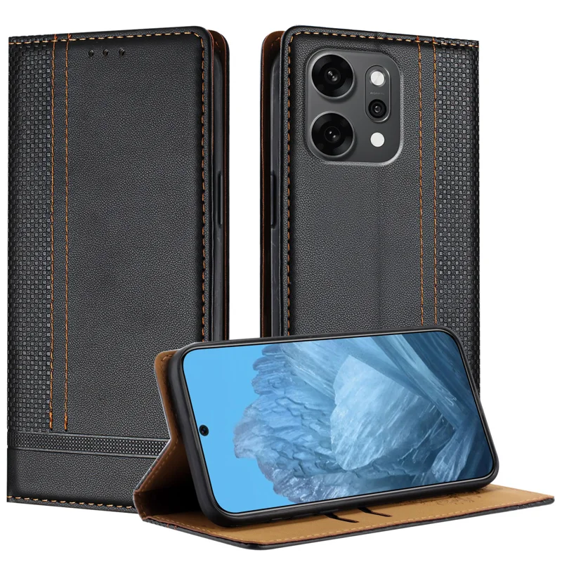 For Oppo Reno14 Pro 5G (China) / Oppo Reno14 Pro 5G (Global) Case L-Shaped Grid Pattern Leather Stand Phone Cover with Card Slots - Blue-Cellmalls