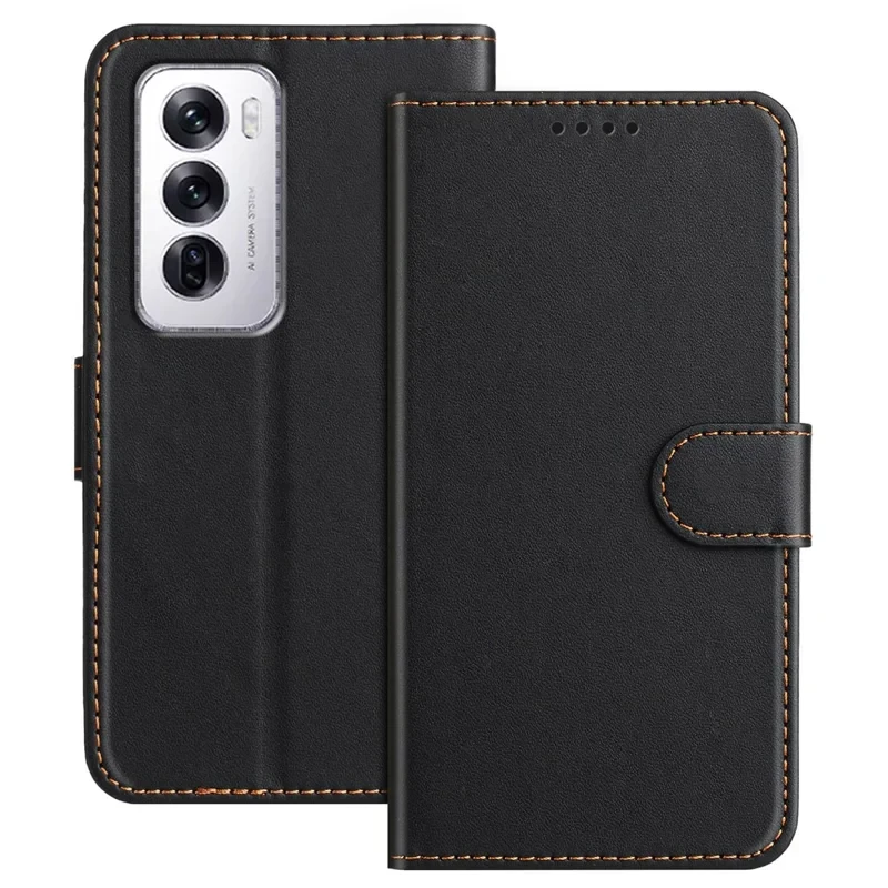 For Oppo Reno12 5G (Global) Leather Case Wallet Stand Solid Color Anti Drop Phone Cover - Black-Cellmalls
