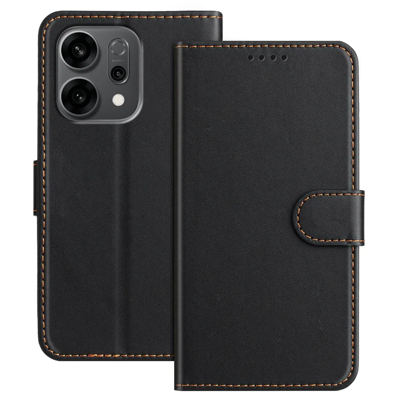 For Oppo Reno14 5G (China) / Oppo Reno14 5G (Global) Leather Case Wallet Stand Solid Color Anti Drop Phone Cover - Black-Cellmalls