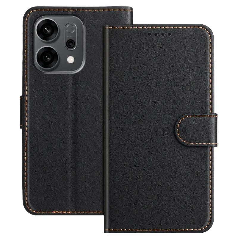 For Oppo Reno14 F 5G Leather Case Wallet Stand Solid Color Anti Drop Phone Cover - Black-Cellmalls