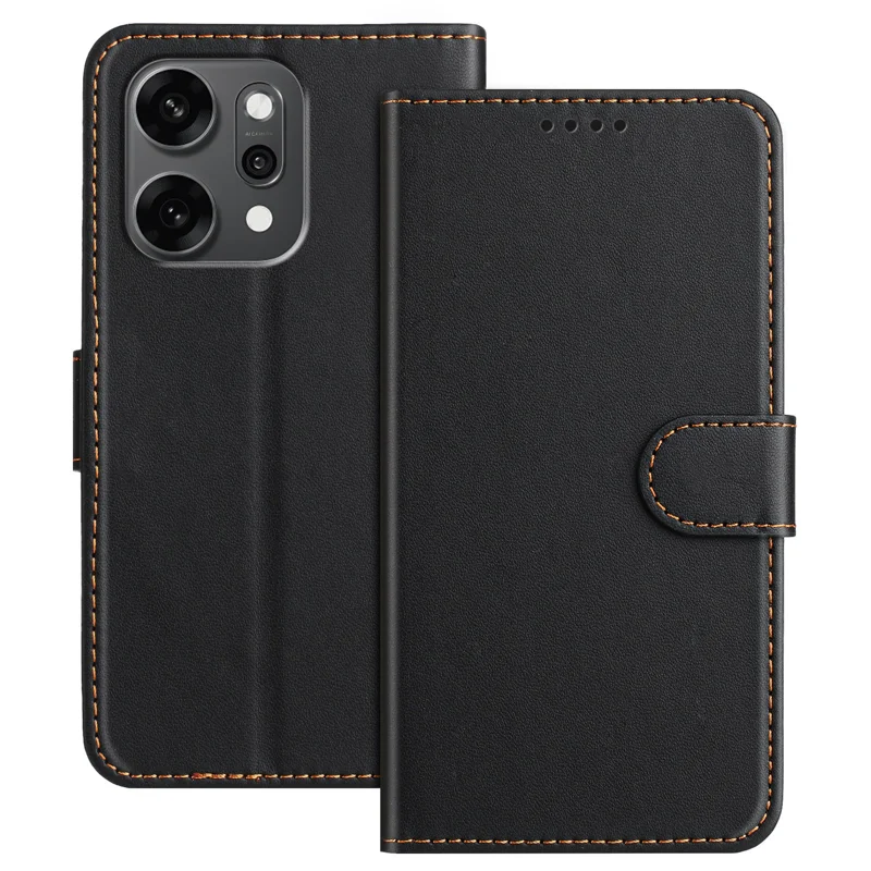 For Oppo Reno14 Pro 5G (China) / Oppo Reno14 Pro 5G (Global) Leather Case Wallet Stand Solid Color Anti Drop Phone Cover - Black-Cellmalls