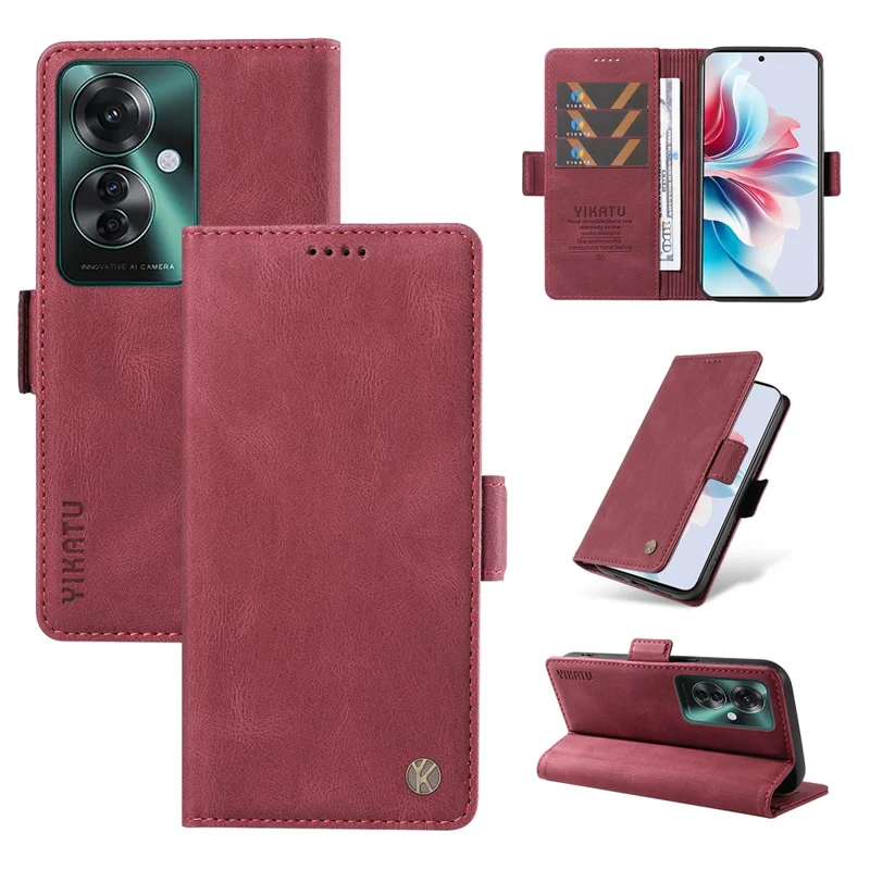YIKATU YK-005 For Oppo Reno11 F 5G / F25 Pro 5G Leather Phone Case Stand Wallet Cover - Wine Red-Cellmalls