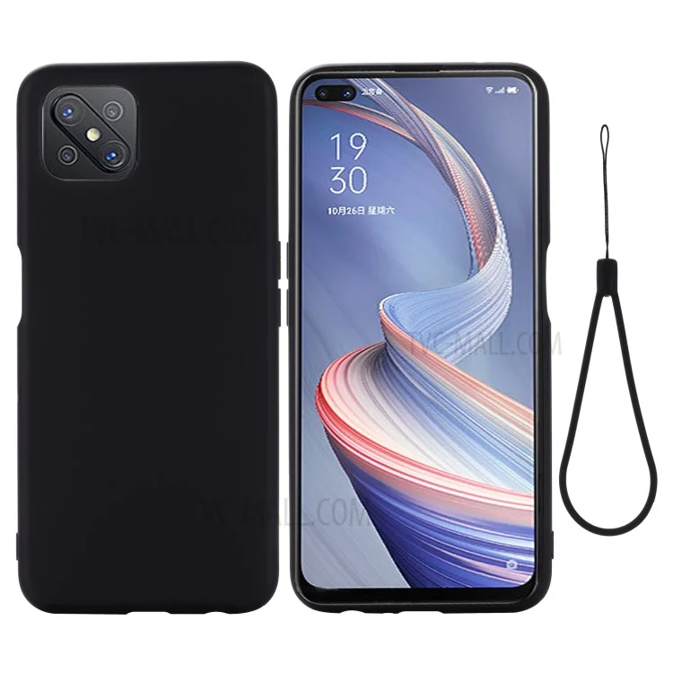 Liquid Silicone Cell Phone Cover with Strap for OPPO A92s - Black-Cellmalls