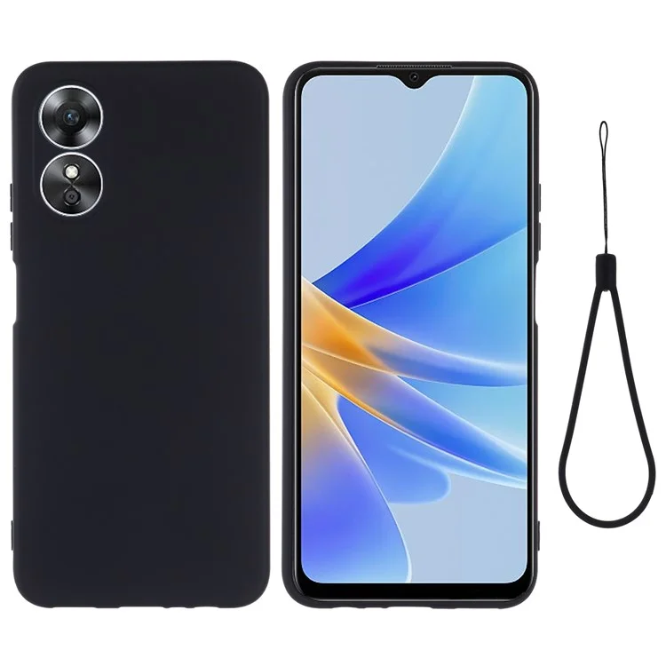 For Oppo A17 4G / A17k 4G Non-slip Liquid Silicone Phone Case Shockproof Back Cover with Strap - Black-Cellmalls