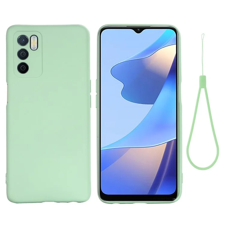 Microfiber Liner Shockproof Precise Cutout Solid Color Liquid Silicone Phone Case with Handy Strap for Oppo A16/A16S (Global) - Green-Cellmalls
