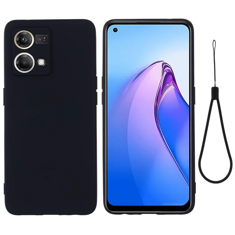 For Oppo Reno8 4G Liquid Silicone Phone Cover Soft Lining Drop-proof Case with Strap - Black-Cellmalls