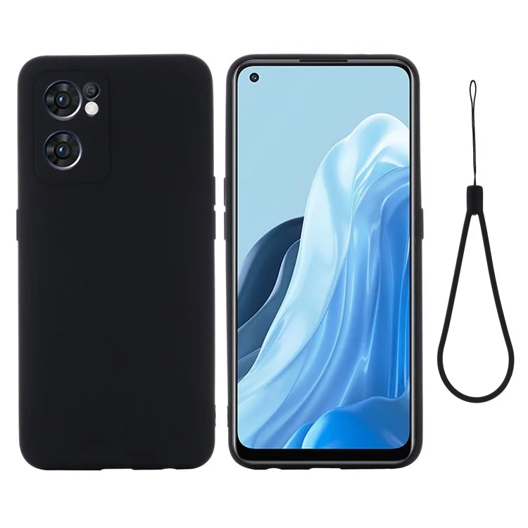 For Oppo Reno7 5G (Global)/Find X5 Lite Soft Liquid Silicone Cover Anti-Scratch Microfiber Lining Camera Protective Case with Strap - Black-Cellmalls