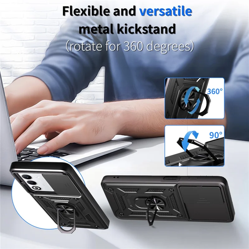 For Oppo A5 5G Case with Slide Camera Lid PC + TPU Kickstand Phone Cover - Black-Cellmalls