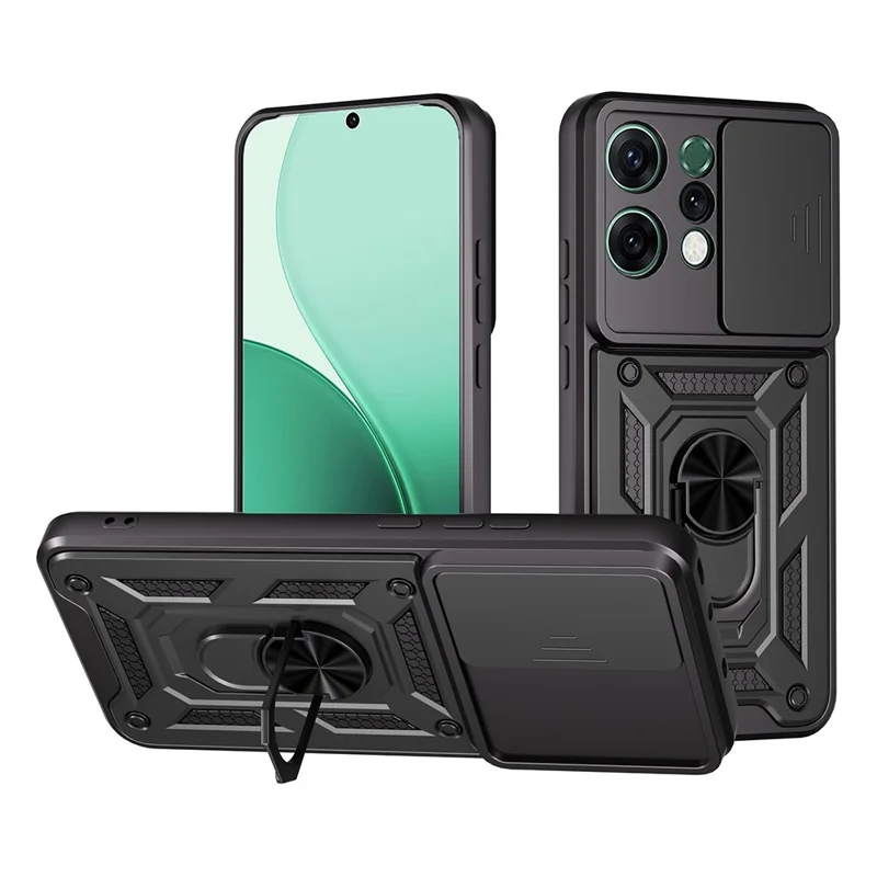 For Oppo Reno14 5G (Global) Case with Slide Camera Lid PC + TPU Kickstand Phone Cover - Black-Cellmalls