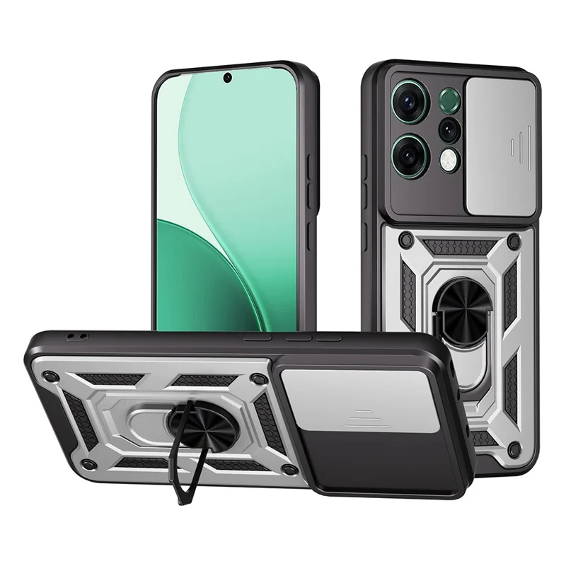 For Oppo Reno14 5G (Global) Case with Slide Camera Lid PC + TPU Kickstand Phone Cover - Black-Cellmalls