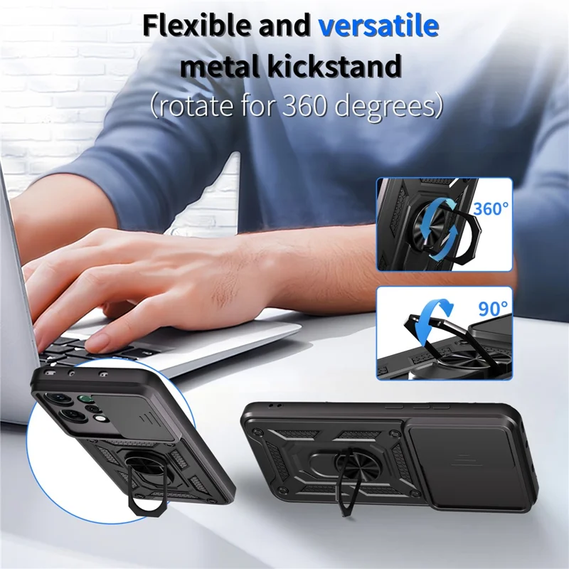 For Oppo Reno14 5G (Global) Case with Slide Camera Lid PC + TPU Kickstand Phone Cover - Black-Cellmalls