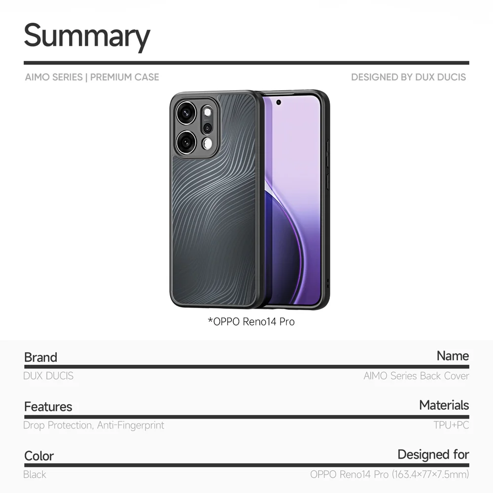 For Oppo Reno14 Pro 5G (Global) Case DUX DUCIS Aimo Series TPU+PC Matte Drop-Proof Phone Cover (REACH Certification) - Black-Cellmalls