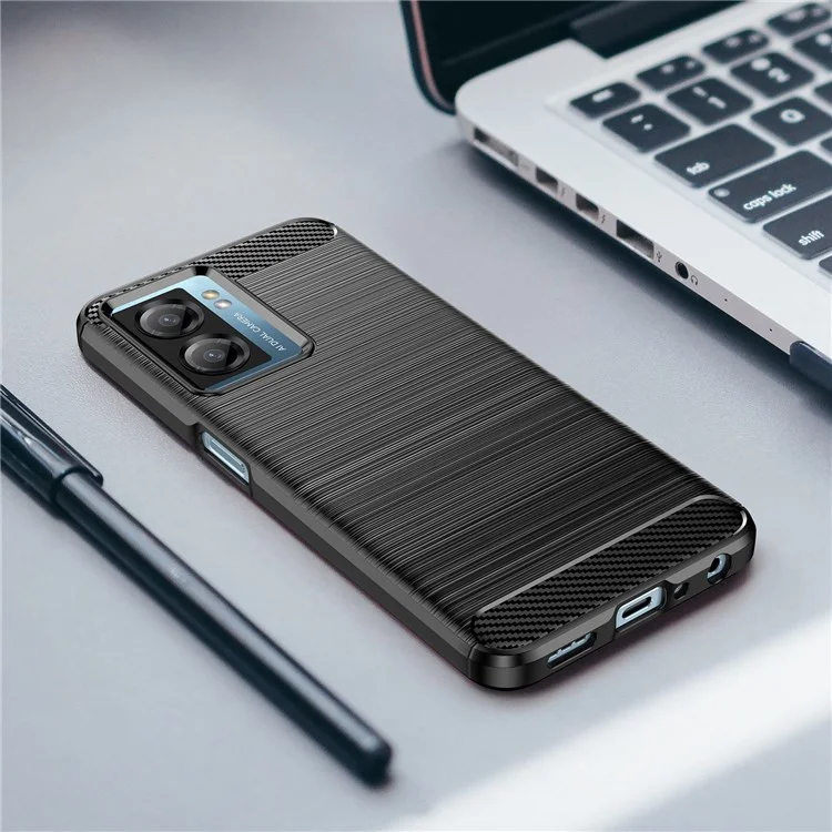 For Oppo A57 4G / 5G / A57s 4G / A77 5G / K10 5G / Realme V23 4G / Narzo 50 5G / Q5i Well-protected Brushed Surface TPU Cell Phone Case Carbon Fiber Texture Anti-fall Protector - Black-Cellmalls