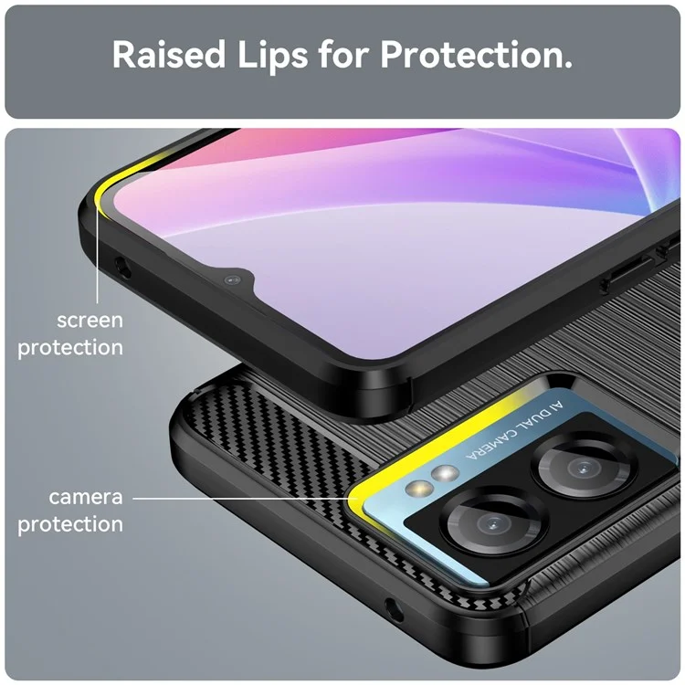 For Oppo A57 4G / 5G / A57s 4G / A77 5G / K10 5G / Realme V23 4G / Narzo 50 5G / Q5i Well-protected Brushed Surface TPU Cell Phone Case Carbon Fiber Texture Anti-fall Protector - Black-Cellmalls