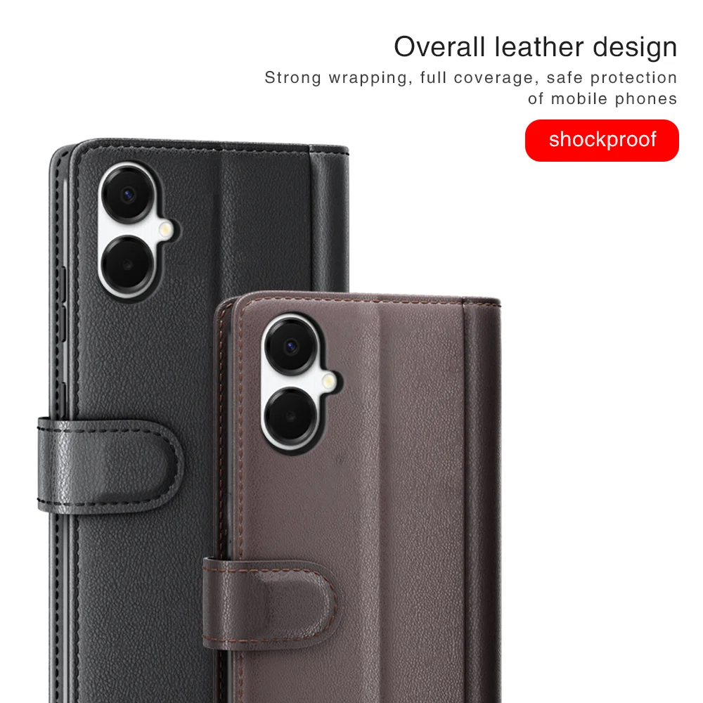 For Samsung Galaxy A06 5G Case Genuine Split Leather Phone Cover with Wallet Stand - Black-Cellmalls