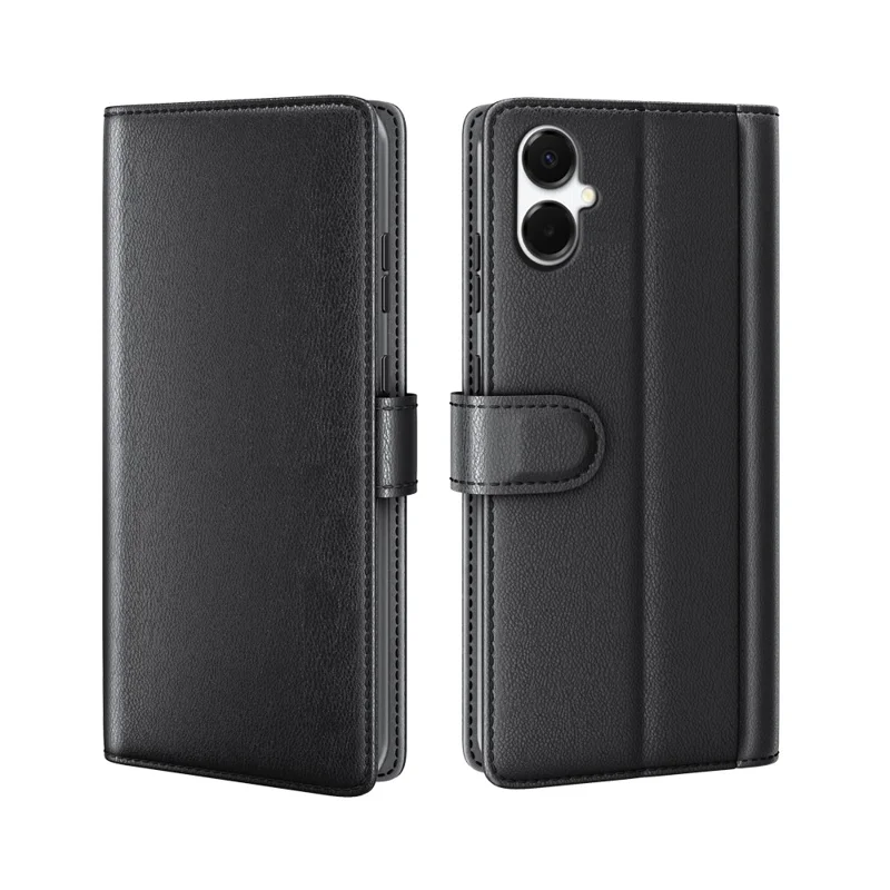 For Samsung Galaxy A06 5G Case Genuine Split Leather Phone Cover with Wallet Stand - Black-Cellmalls