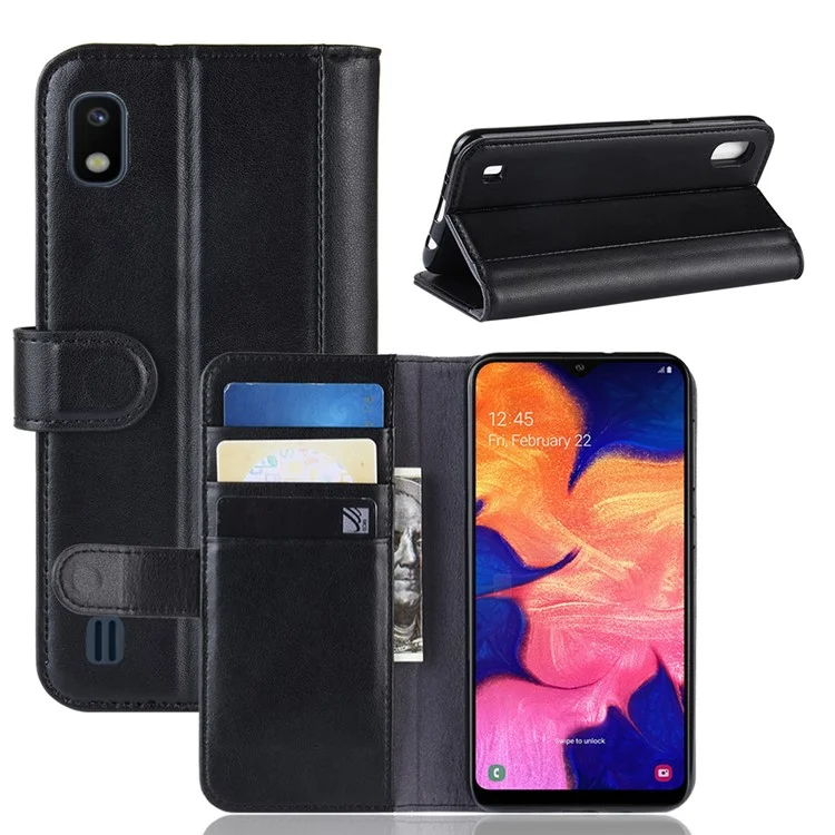 For Samsung Galaxy A10 Phone Cases Genuine Split Leather Wallet Mobile Cover Stand - Black-Cellmalls