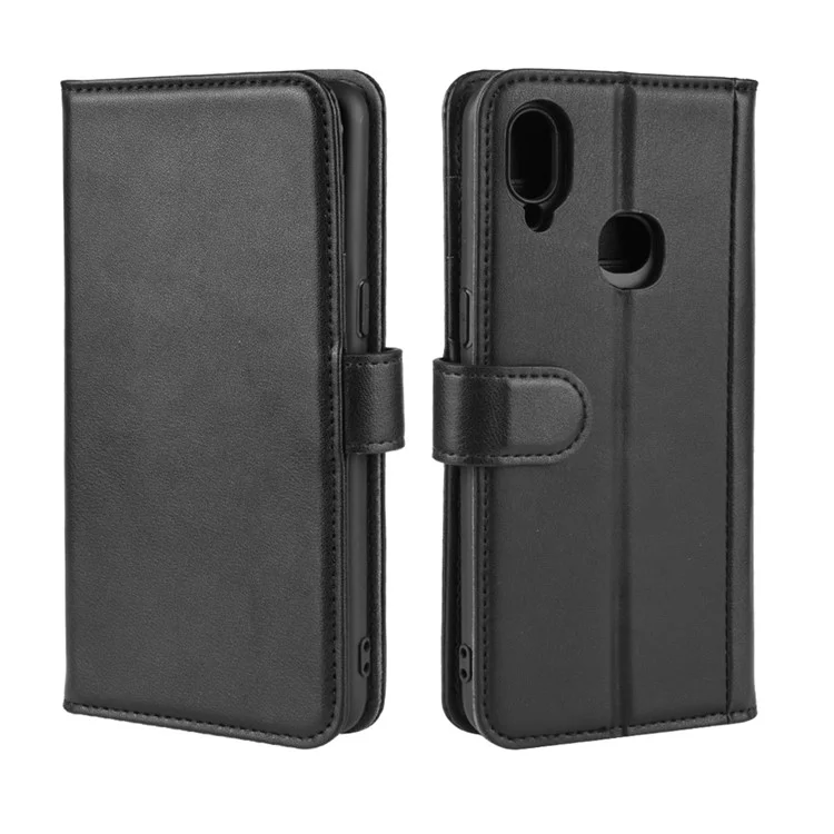 For Samsung Galaxy A10s Phone Cases Genuine Split Leather Wallet Mobile Cover Stand - Black-Cellmalls