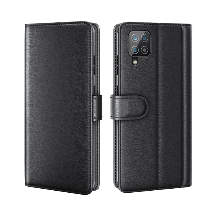 For Samsung Galaxy A12 Case Genuine Split Leather Phone Cover with Wallet Stand - Black-Cellmalls