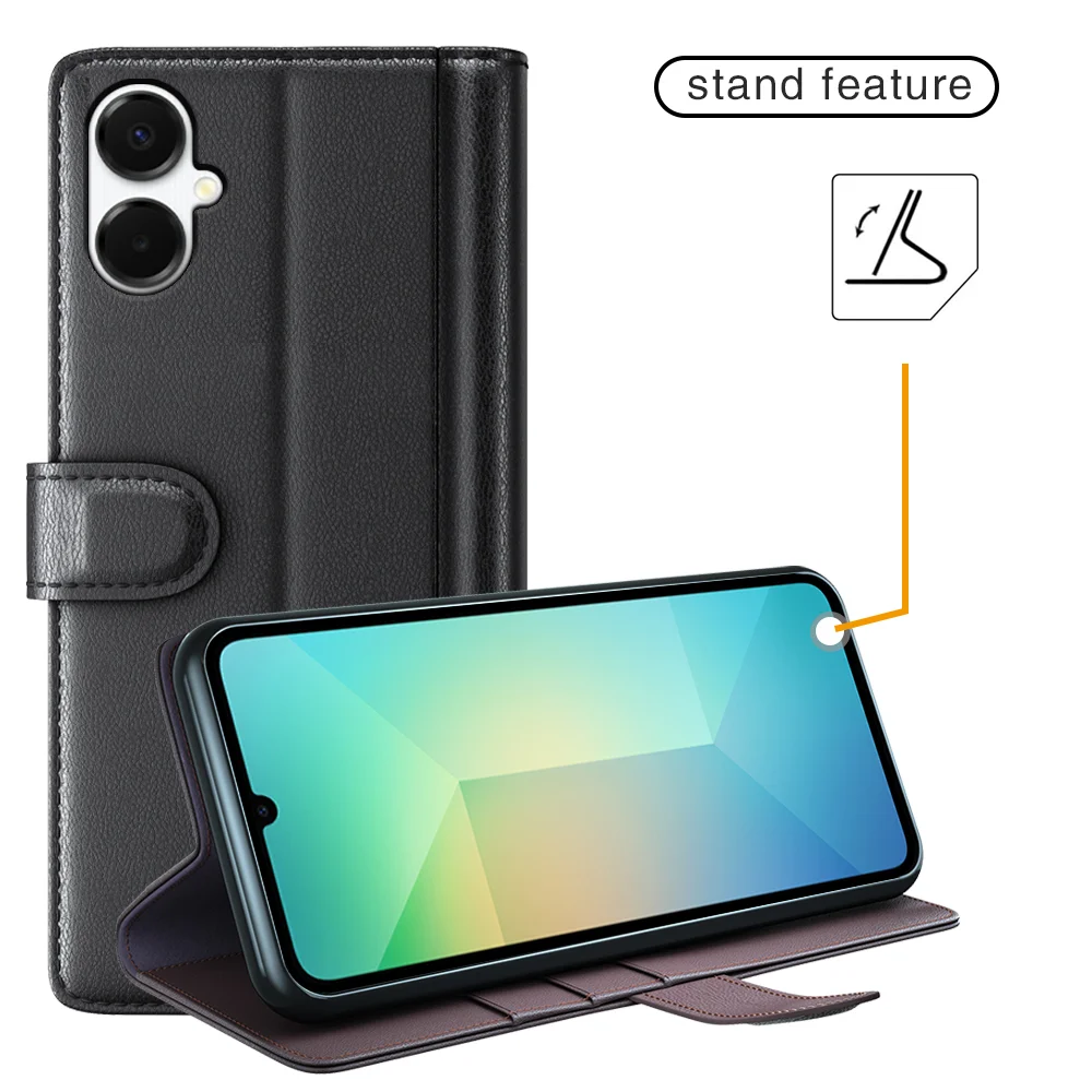 For Samsung Galaxy A06 5G Case Genuine Split Leather Phone Cover with Wallet Stand - Black-Cellmalls